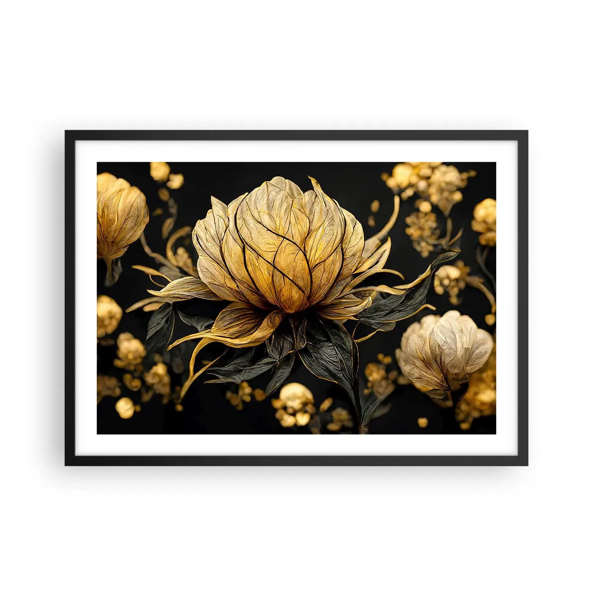 Affiche dans un cadre noir - Poster - Fleur dorée sur fond sombre - 70x50cm - Fragilité subtile - Décoration murale moderne pour le salon et la chambre ARTTOR