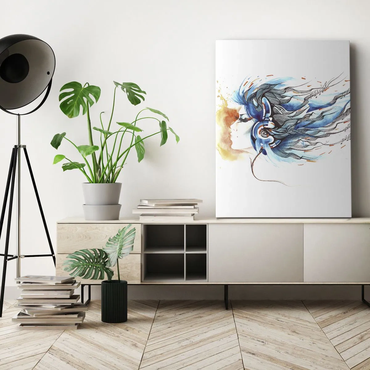 Impression sur toile - Image sur toile - Graphique artistique d'une femme portant des écouteurs avec des accents musicaux - 80x120cm - Que la musique joue - Décoration murale moderne pour le salon et la chambre ARTTOR