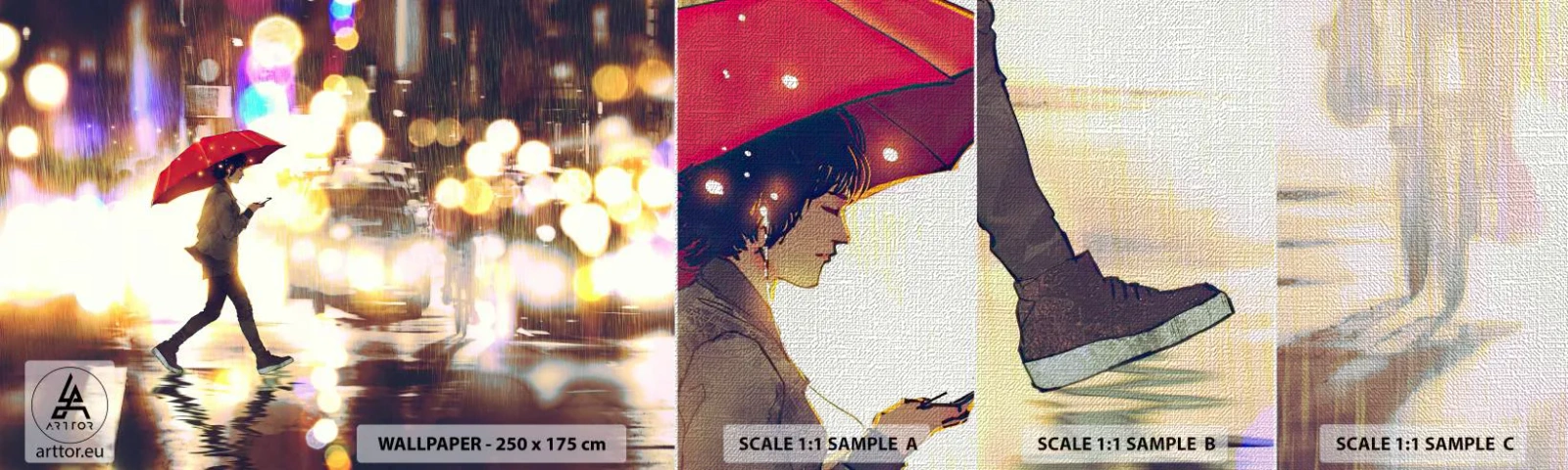 Échantillon de Papier Peint Premium Canvas - Et pourtant ensoleillé - Ville, Marcher sous la pluie, Parapluie - 100x30 cm