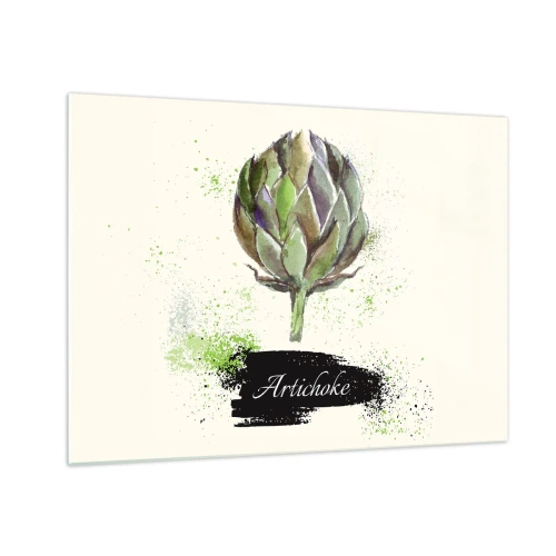 Impression sur verre - Image sur verre - Graphique d'artichaut à l'aquarelle avec le mot Artichaut écrit dessus - 70x50cm - Vive les légumes! - Décoration murale moderne pour le salon et la chambre ARTTOR