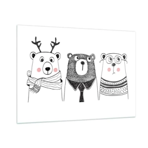 Impression sur verre - Image sur verre - Trois ours drôles dans une illustration en noir et blanc - 100x70cm - Ours en peluche, petit ours en peluche et doudou - Décoration murale moderne pour le salon et la chambre ARTTOR