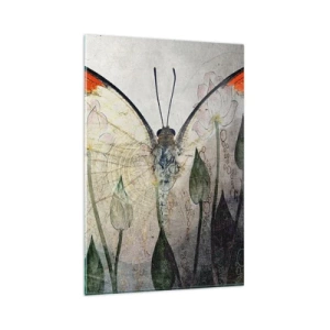 Impression sur verre - Image sur verre - Un papillon aux ailes orange sur un fond de fleurs stylisées. - 80x120cm - "Où est le papillon qui se balance sur l'herbe" - Décoration murale moderne pour le salon et la chambre ARTTOR