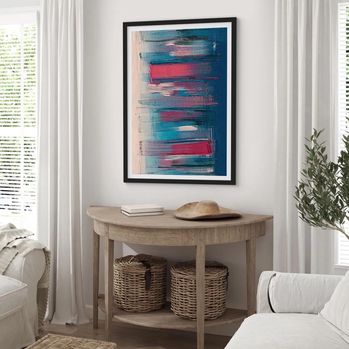 Affiche dans un cadre noir - Poster - Composition abstraite dans les tons de bleu et de rouge - 50x70cm - Composition verticale en bleu et rouge - Décoration murale moderne pour le salon et la chambre ARTTOR