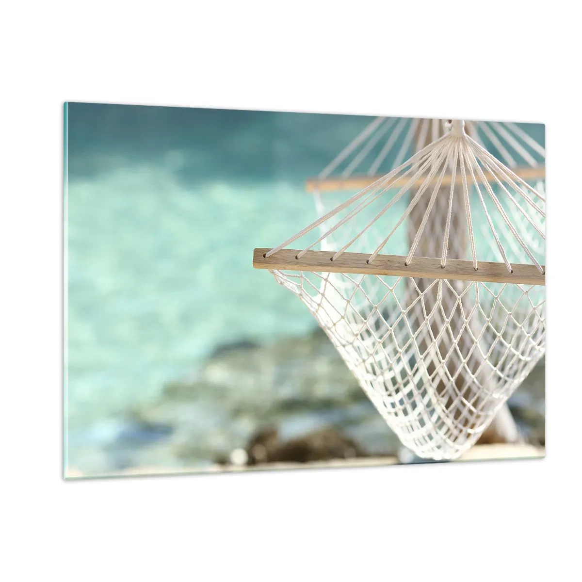 Impression sur verre - Image sur verre - Un hamac surplombant les eaux turquoise cristallines - 120x80cm - Le temps de la détente - Décoration murale moderne pour le salon et la chambre ARTTOR