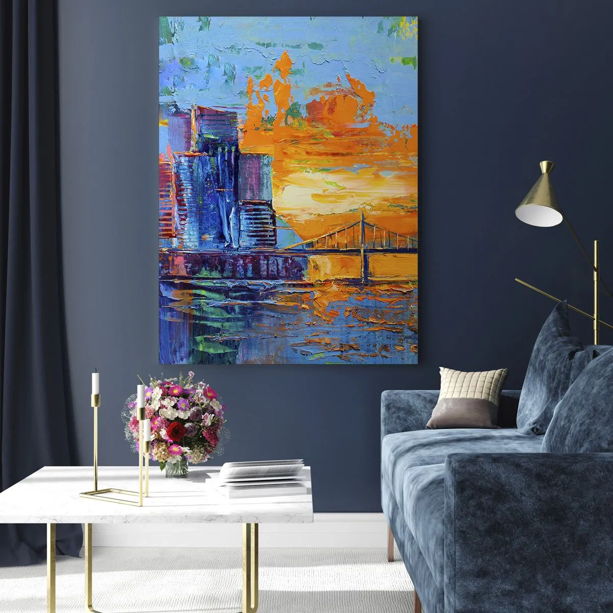 Impression sur verre - Image sur verre - Une ville colorée avec un pont au soleil couchant - 70x100cm - Culture et nature - Décoration murale moderne pour le salon et la chambre ARTTOR