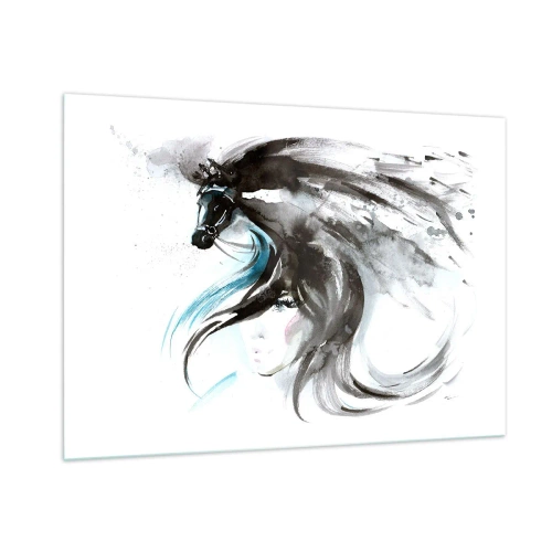 Impression sur verre - Image sur verre - Portrait d'une femme et d'un cheval dans une composition artistique et dynamique - 100x70cm - Galop du prince noir - Décoration murale moderne pour le salon et la chambre ARTTOR