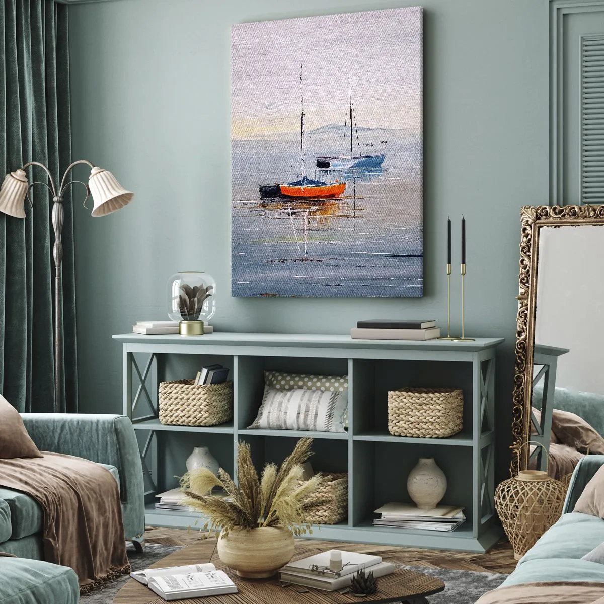 Impression sur toile - Image sur toile - Bateaux colorés sur une eau calme - 80x120cm - Un repos bien mérité - Décoration murale moderne pour le salon et la chambre ARTTOR