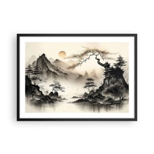 Affiche dans un cadre noir - Poster - Un paysage oriental avec des montagnes et une pagode aux nuances délicates. - 70x50cm - Le charme unique de l'Orient - Décoration murale moderne pour le salon et la chambre ARTTOR