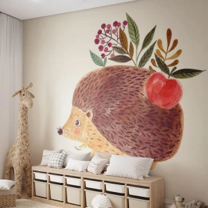 Papier Peint Photo Premium Canvas - Un hérisson mignon avec une pomme et des plantes dans un style illustratif - 100x70cm - Et tu m’apprécies déjà - Décoration murale moderne pour le salon et la chambre ARTTOR