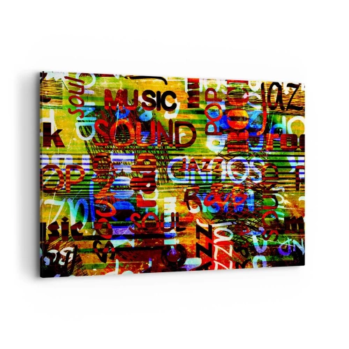 Impression sur toile - Image sur toile - Abstraction colorée avec des inscriptions musicales dans un style pop art - 120x80cm - Toutes les nuances du son - Décoration murale moderne pour le salon et la chambre ARTTOR