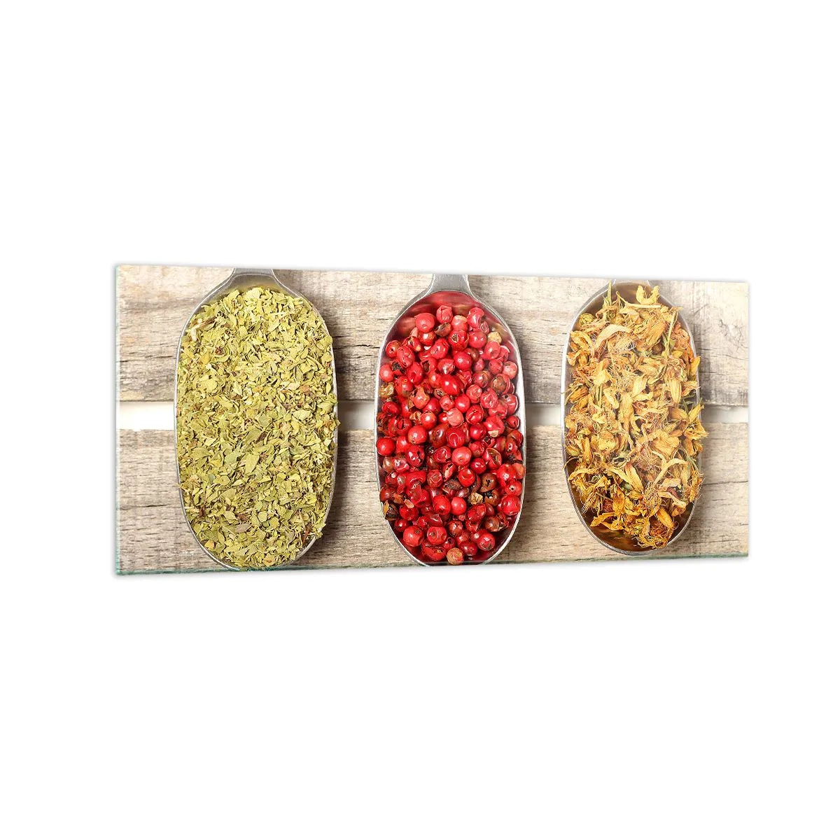 Impression sur verre - Image sur verre - Trois cuillères en métal avec des épices sur un fond en bois - 120x50cm - Magie de la cuisine - Décoration murale moderne pour le salon et la chambre ARTTOR