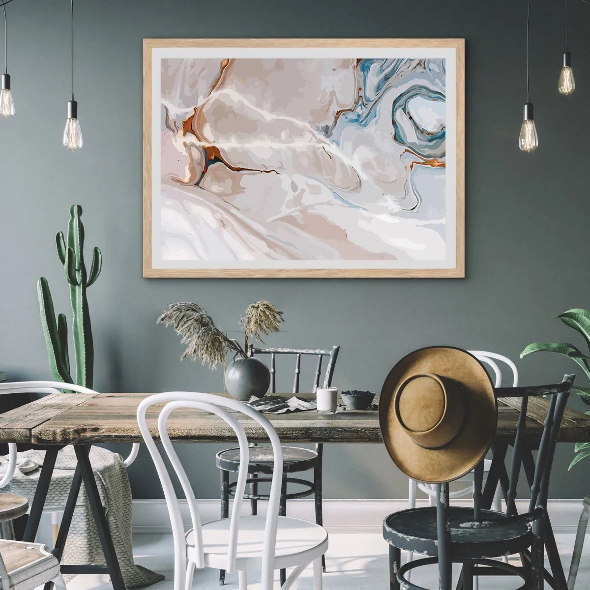 Affiche dans un chêne clair - Poster - Le bleu serpente sous le blanc - 100x70 cm