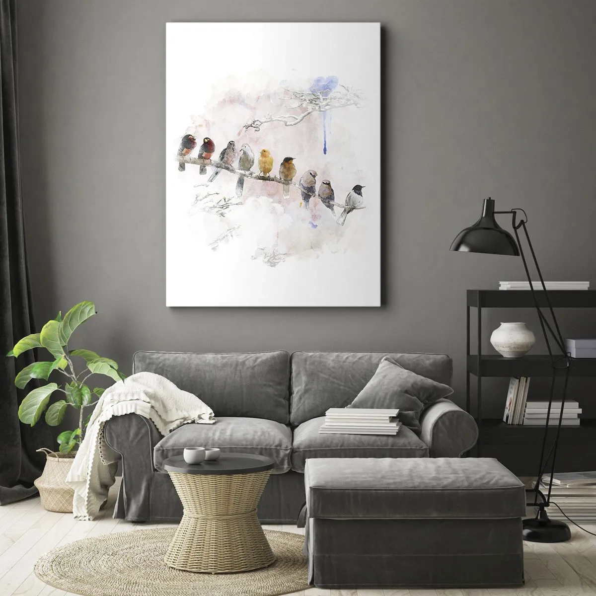 Impression sur toile - Image sur toile - Oiseaux colorés sur une branche dans un style aquarelle - 70x100cm - Rencontre ailée - Décoration murale moderne pour le salon et la chambre ARTTOR