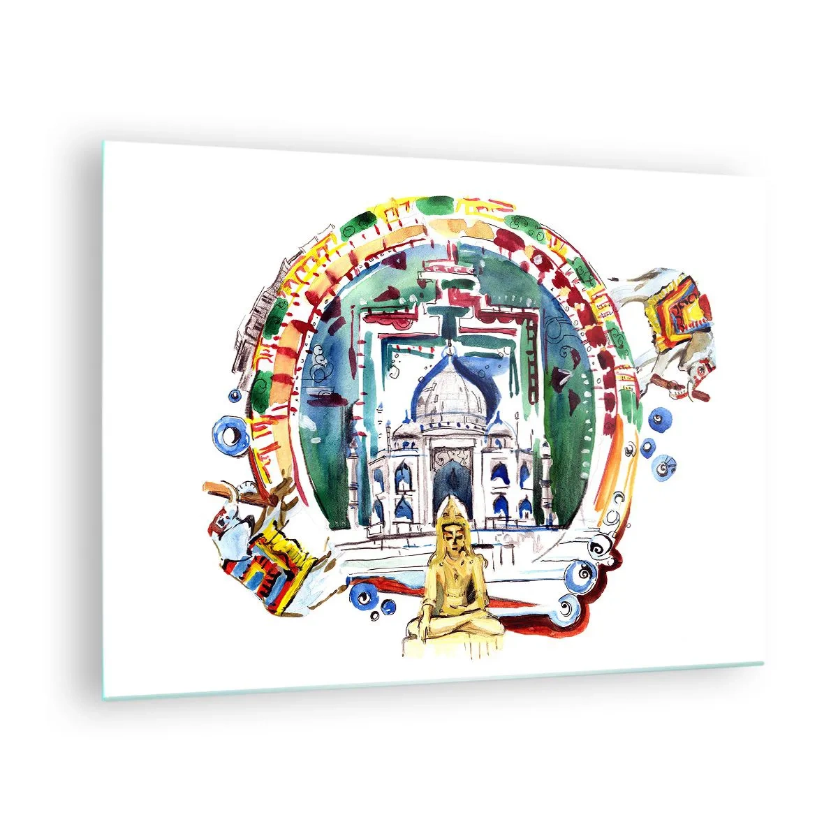 Impression sur verre - Image sur verre - Illustration colorée de monuments indiens à l'aquarelle - 70x50cm - Équilibre mondial hindou - Décoration murale moderne pour le salon et la chambre ARTTOR