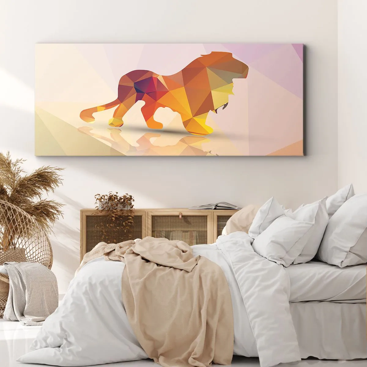 Impression sur toile - Image sur toile - Silhouette géométrique d'un lion dans les tons jaune et orange - 140x50cm - Le roi du diamant - Décoration murale moderne pour le salon et la chambre ARTTOR