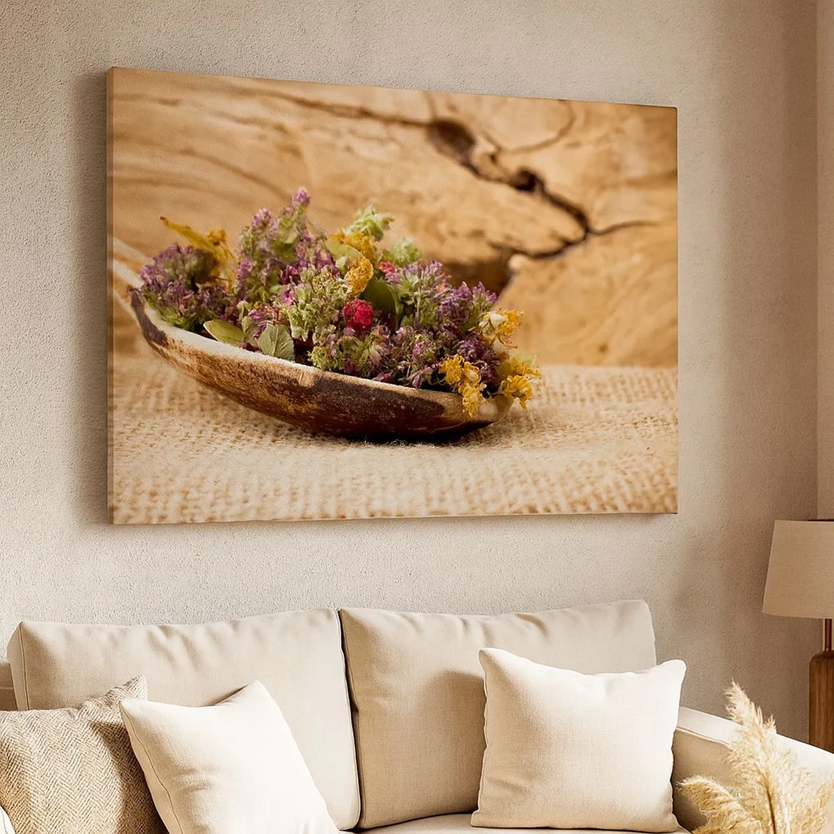 Impression sur toile - Image sur toile - Herbes séchées dans une cuillère en bois sur un fond en bois naturel - 70x50cm - Fleurs colorées et herbes parfumées - Décoration murale moderne pour le salon et la chambre ARTTOR