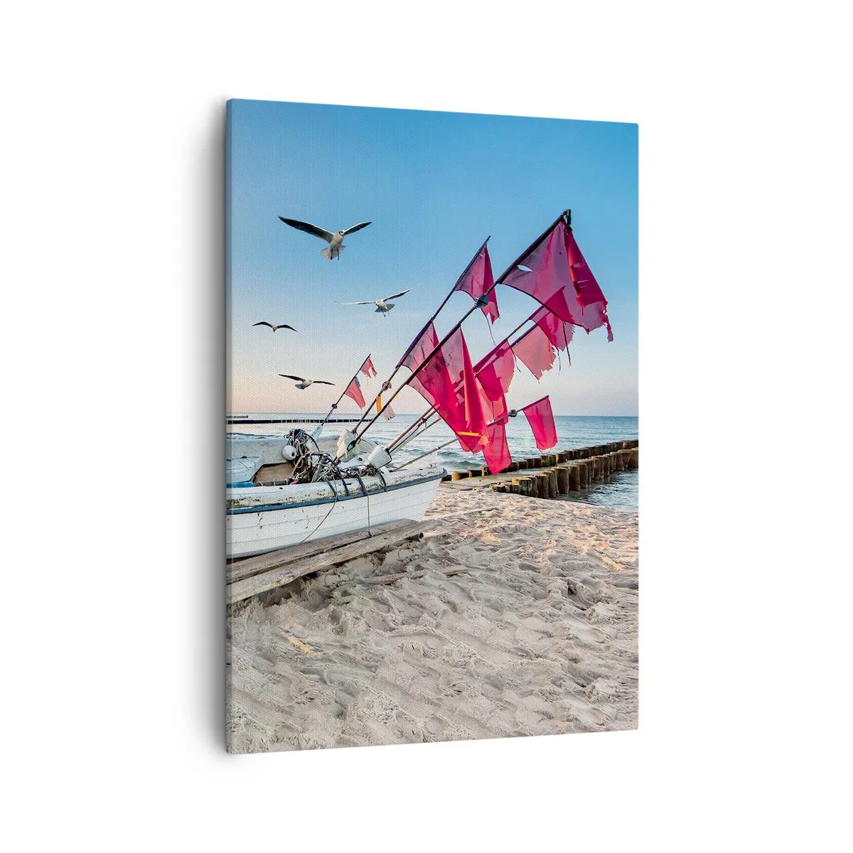 Impression sur toile - Image sur toile - Un bateau sur la plage à l'aube avec des mouettes et des drapeaux rouges - 50x70cm - Repos mérité - Décoration murale moderne pour le salon et la chambre ARTTOR