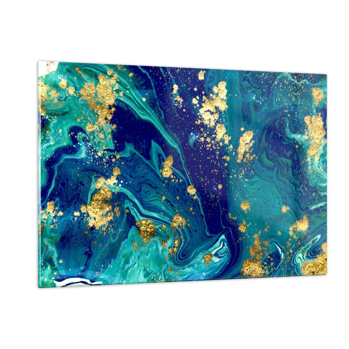 Impression sur verre - Image sur verre - Un motif abstrait dans des tons turquoise et bleu marine avec des accents dorés - 120x80cm - Les pétales du soleil - Décoration murale moderne pour le salon et la chambre ARTTOR