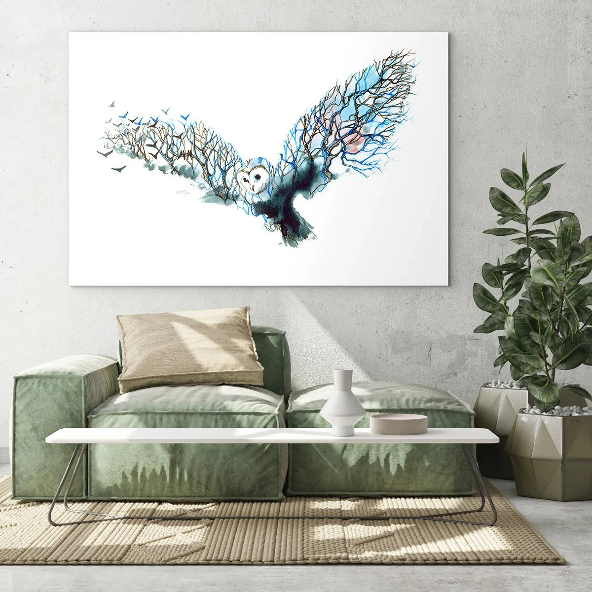 Impression sur verre - Image sur verre - Illustration d'un hibou avec des branches à la place des ailes - 100x70cm - Sur les ailes de la forêt - Décoration murale moderne pour le salon et la chambre ARTTOR