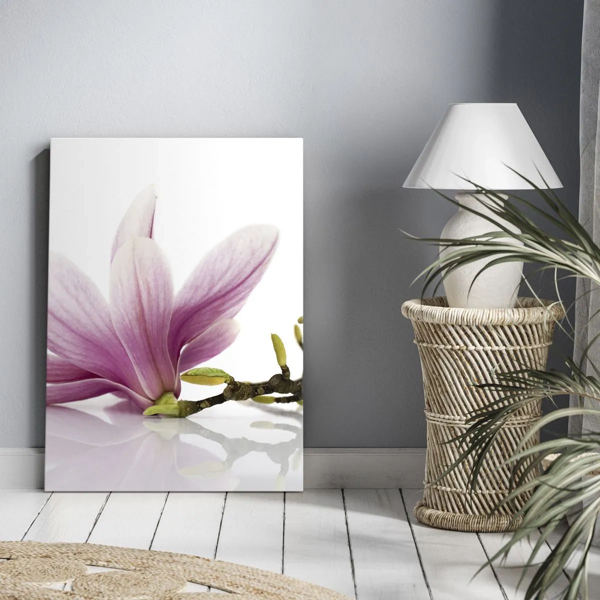 Impression sur toile - Image sur toile - Magnolias roses délicats sur fond blanc - 50x70cm - Délicat comme une brise de printemps - Décoration murale moderne pour le salon et la chambre ARTTOR