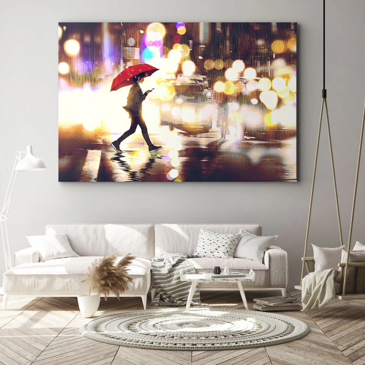 Impression sur toile - Image sur toile - Une silhouette avec un parapluie rouge dans la rue sous la pluie - 70x50cm - Et pourtant ensoleillé - Décoration murale moderne pour le salon et la chambre ARTTOR