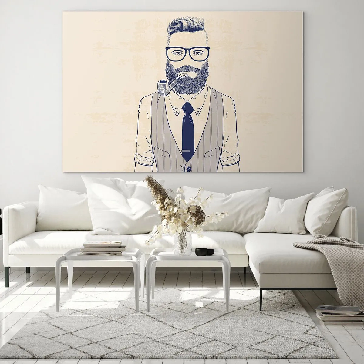 Impression sur verre - Image sur verre - Un homme stylisé avec une barbe, des lunettes et une pipe sur un fond clair. - 70x50cm - Gai, masculin et à la mode - Décoration murale moderne pour le salon et la chambre ARTTOR