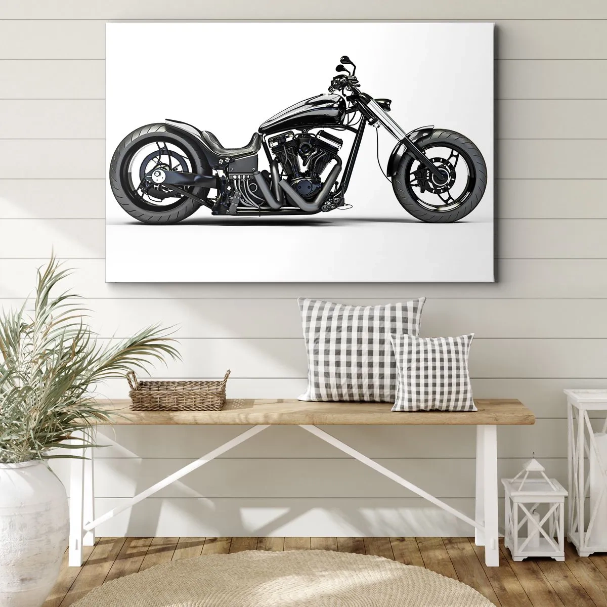 Impression sur toile - Image sur toile - Moto customisée noire élégante sur fond blanc - 100x70cm - Pour ceux qui aiment la liberté - Décoration murale moderne pour le salon et la chambre ARTTOR