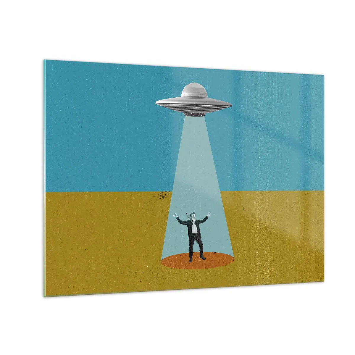 Impression sur verre - Image sur verre - Un homme à la lumière d'une soucoupe spatiale sur un fond coloré - 70x50cm - Rencontre proche - Décoration murale moderne pour le salon et la chambre ARTTOR