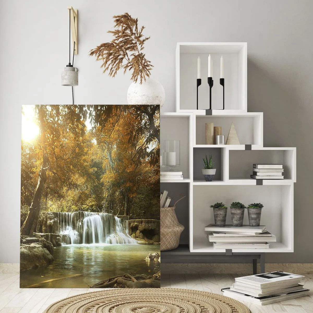 Impression sur verre - Image sur verre - Une cascade dans un parc entouré d'arbres aux couleurs d'automne - 50x70cm - Cascade du parc - Décoration murale moderne pour le salon et la chambre ARTTOR