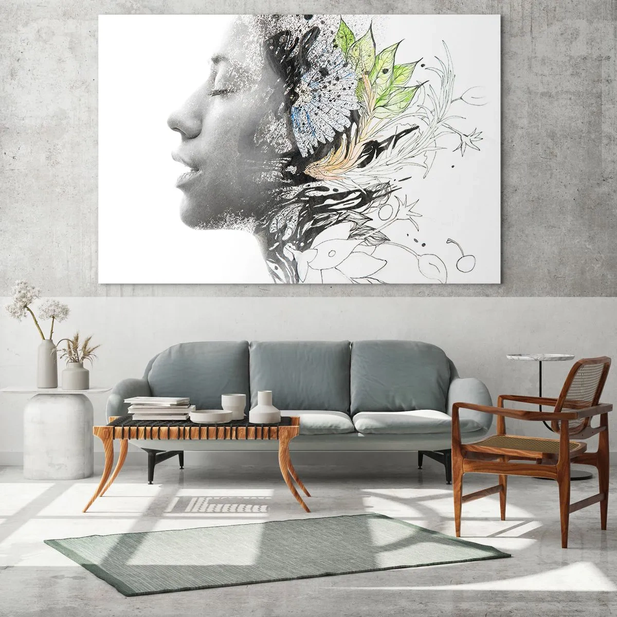 Impression sur verre - Image sur verre - Profil de femme avec des motifs de la nature dans un style monochrome - 100x70cm - Immergé dans la nature - Décoration murale moderne pour le salon et la chambre ARTTOR