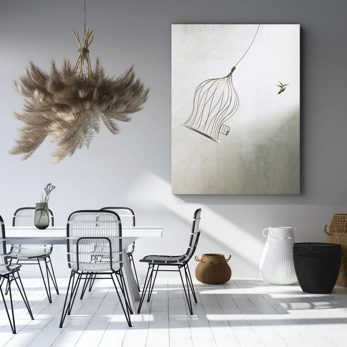 Impression sur toile - Image sur toile - Un oiseau libéré d'une cage sur fond de ciel lumineux - 70x100cm - Dans son élément - Décoration murale moderne pour le salon et la chambre ARTTOR