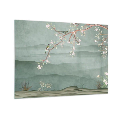 Impression sur verre - Image sur verre - Une branche avec des fleurs et des oiseaux sur un fond de collines verdoyantes - 70x50cm - Printemps oh c'est toi - Décoration murale moderne pour le salon et la chambre ARTTOR