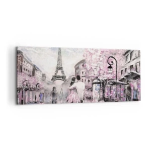 Impression sur toile - Image sur toile - Une promenade romantique à Paris près de la Tour Eiffel - 120x50cm - Comment tomber amoureu, il faut juste... - Décoration murale moderne pour le salon et la chambre ARTTOR