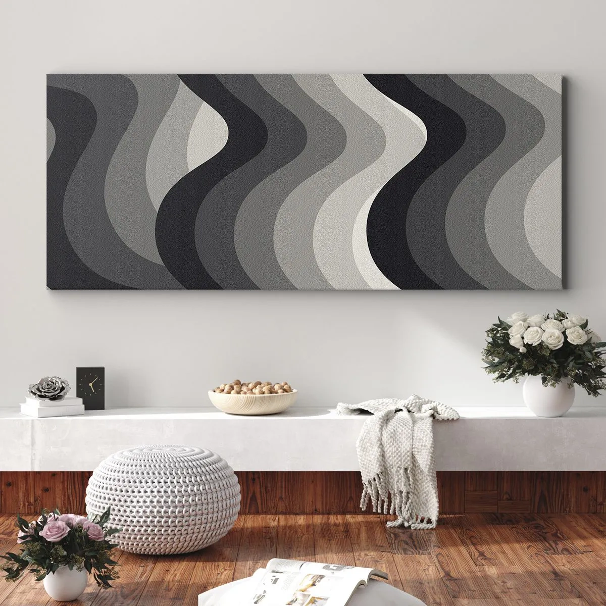 Impression sur toile - Image sur toile - Motifs ondulés noirs et blancs dans des tons de gris - 120x50cm - Vague après vague - Décoration murale moderne pour le salon et la chambre ARTTOR