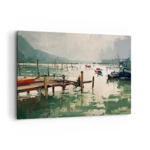 Impression sur toile - Image sur toile - Un port pittoresque avec des bateaux sur une eau calme - 100x70cm - Trempé dans une lune en fusion - Décoration murale moderne pour le salon et la chambre ARTTOR