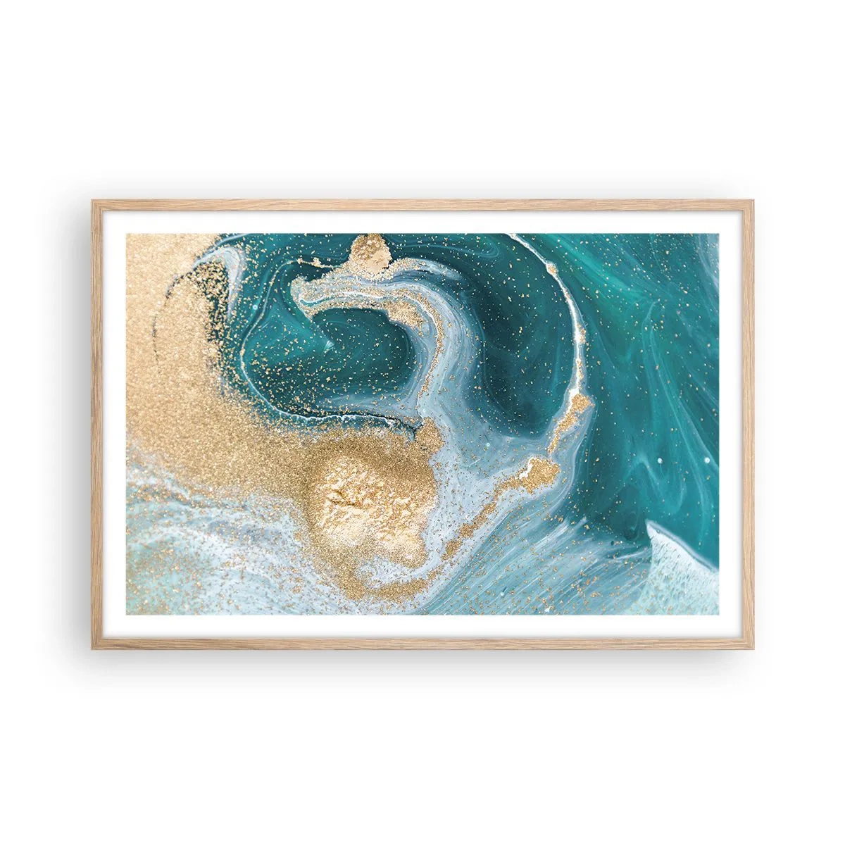 Affiche dans un chêne clair - Poster - Tourbillon d'or et de turquoise - 91x61 cm