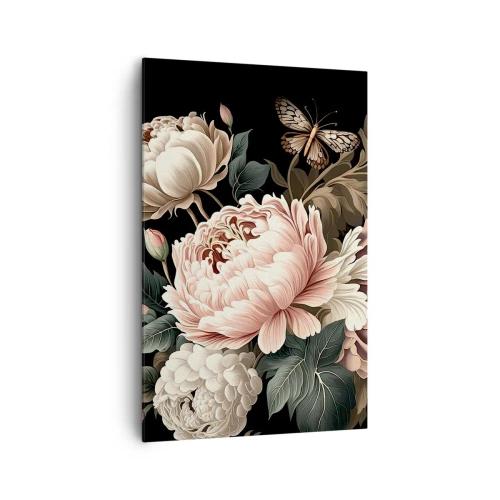 Impression sur toile - Image sur toile - Un bouquet de fleurs roses et de papillons sur fond noir - 80x120cm - De style baroque - Décoration murale moderne pour le salon et la chambre ARTTOR