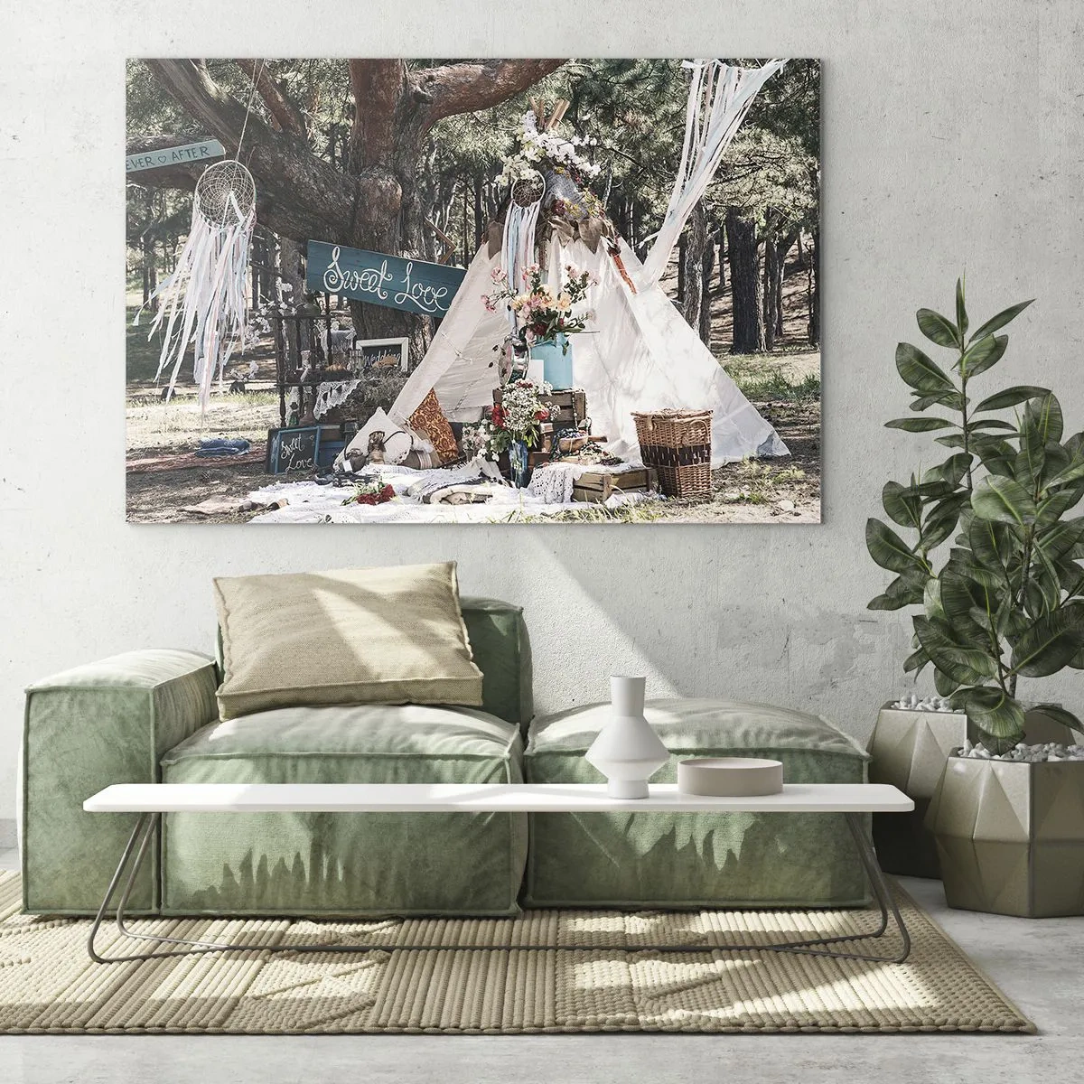 Impression sur verre - Image sur verre - Décoration extérieure bohème avec un tipi et des fleurs dans la forêt - 100x70cm - Make love… - Décoration murale moderne pour le salon et la chambre ARTTOR