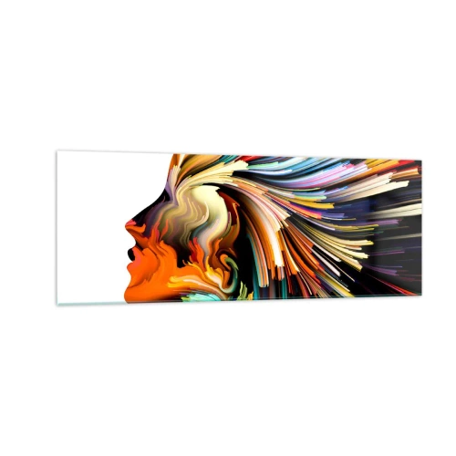 Impression sur verre - Image sur verre - Profil de visage abstrait avec des lignes dynamiques colorées. - 140x50cm - Une explosion d'imaginaire - Décoration murale moderne pour le salon et la chambre ARTTOR
