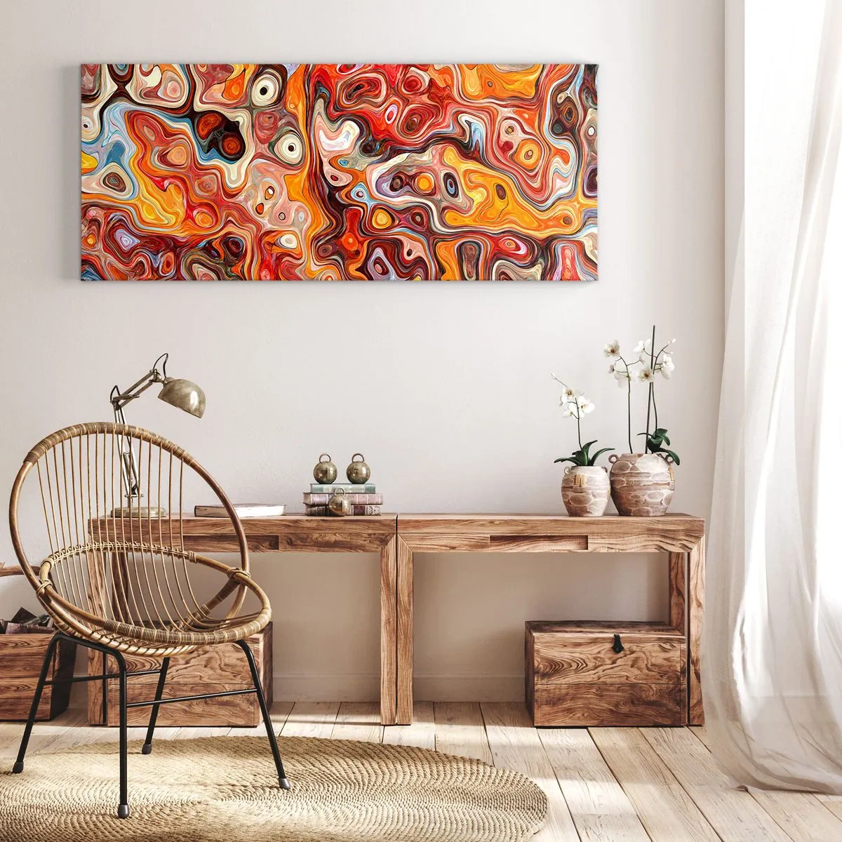 Impression sur toile - Image sur toile - Une composition abstraite dans des tons chauds de rouge, d'orange et de jaune. - 160x50cm - Si les noix fondaient dans du miel - Décoration murale moderne pour le salon et la chambre ARTTOR