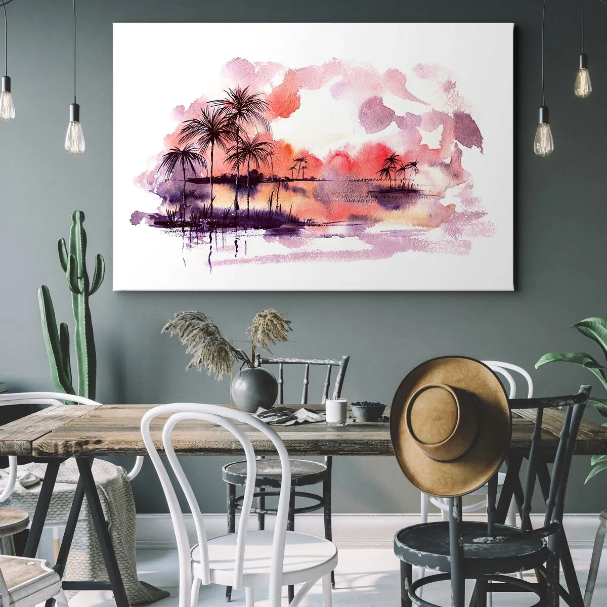 Impression sur toile - Image sur toile - Paysage tropical avec palmiers au coucher du soleil à l'aquarelle - 120x80cm - La tranquillité des tropiques en rouge - Décoration murale moderne pour le salon et la chambre ARTTOR