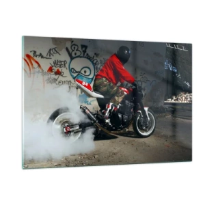 Impression sur verre - Image sur verre - Motocycliste en action dans un environnement industriel - 120x80cm - Pourchassez moi! - Décoration murale moderne pour le salon et la chambre ARTTOR