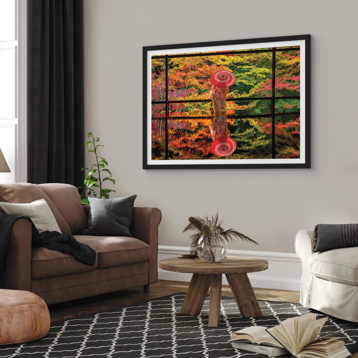 Affiche dans un cadre noir - Poster - Une femme en kimono avec un parapluie sur fond de paysage d'automne. - 70x50cm - Dans le temple de la nature - Décoration murale moderne pour le salon et la chambre ARTTOR