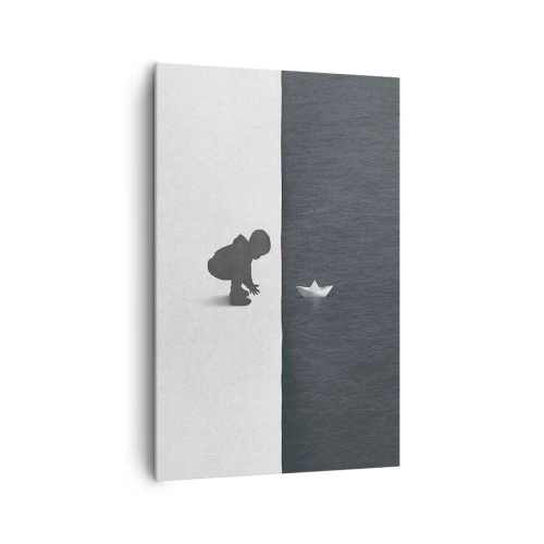 Impression sur toile - Image sur toile - Une figure d'enfant avec un bateau en papier sur un fond de moitiés contrastées - 80x120cm - Grande expédition - Décoration murale moderne pour le salon et la chambre ARTTOR