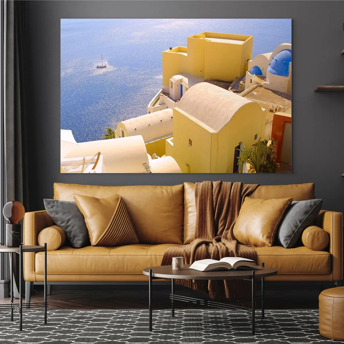 Impression sur verre - Image sur verre - Vue de Santorin avec la mer bleue et les bâtiments blancs - 100x70cm - Paysage grec en blanc et bleu ciel - Décoration murale moderne pour le salon et la chambre ARTTOR