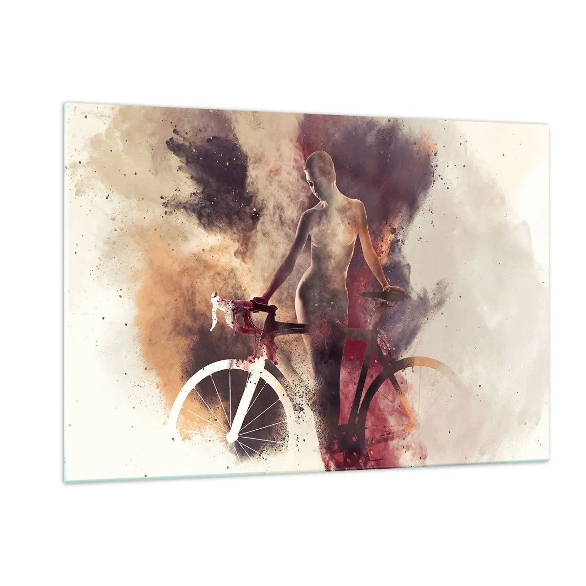 Impression sur verre - Image sur verre - Silhouette d'un vélo dans un nuage artistique de couleurs - 120x80cm - Une âme de vélo aux formes marbrées - Décoration murale moderne pour le salon et la chambre ARTTOR