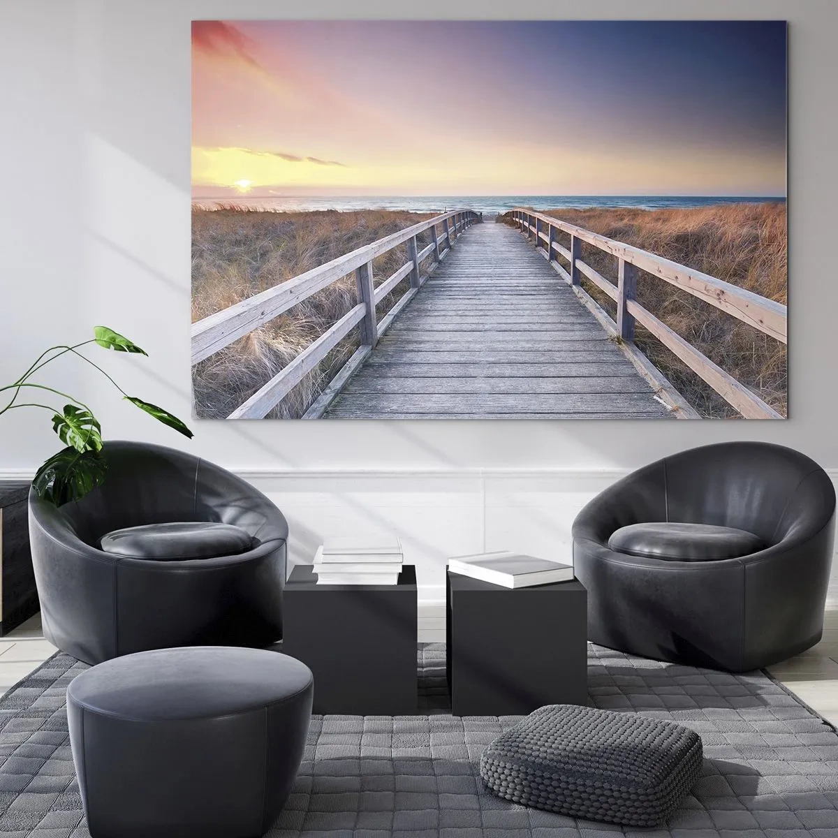 Impression sur verre - Image sur verre - Jetée en bois menant à la plage au coucher du soleil - 70x50cm - Aurore baltique du soir - Décoration murale moderne pour le salon et la chambre ARTTOR