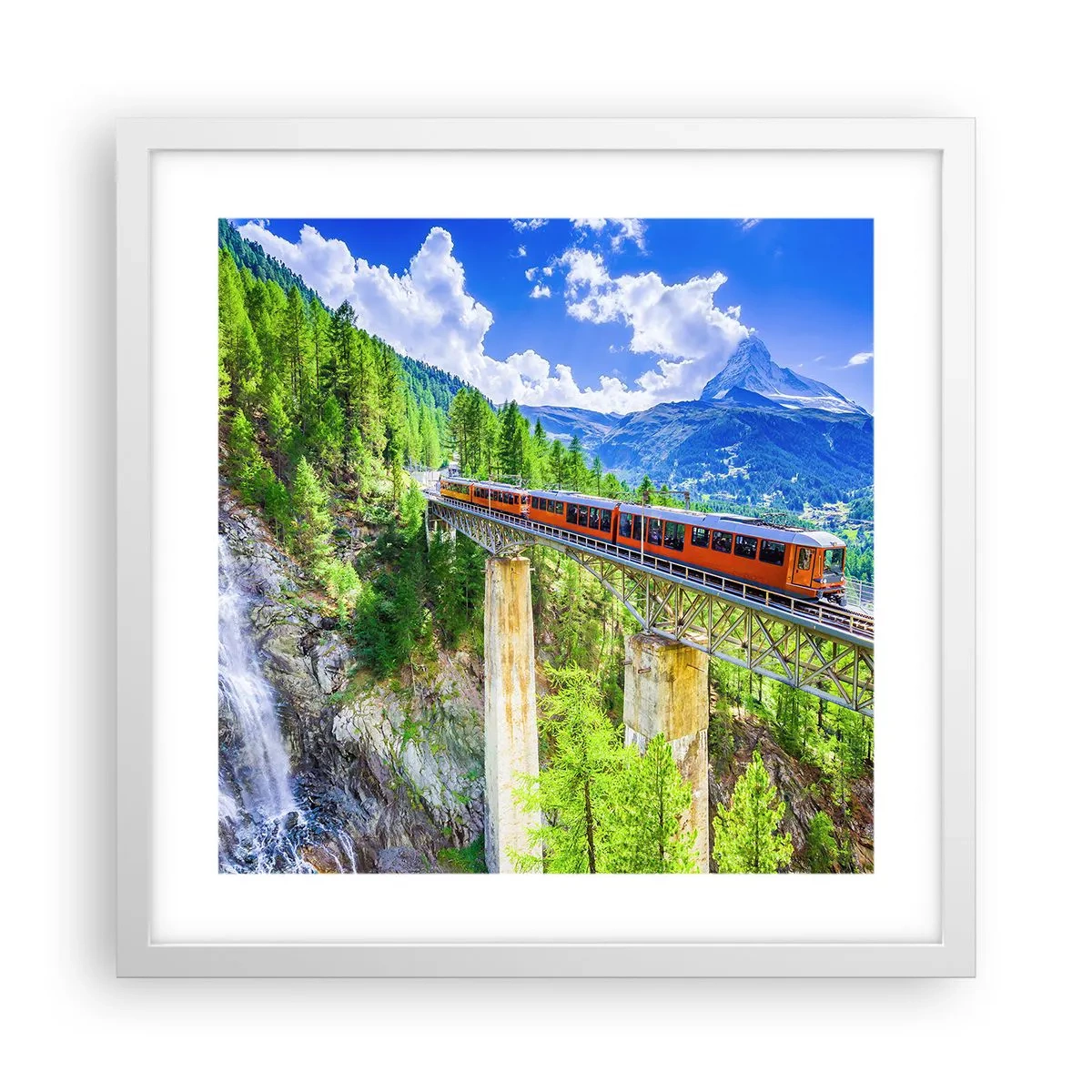Affiche dans un cadre blanc - Poster - Train dans les Alpes - 40x40 cm