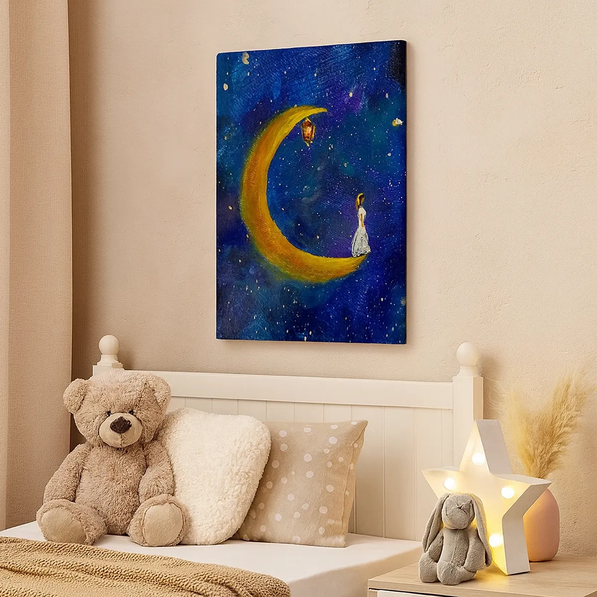 Impression sur toile - Image sur toile - Une fille debout sur la lune dans un ciel étoilé - 50x70cm - Appel du monde - Décoration murale moderne pour le salon et la chambre ARTTOR