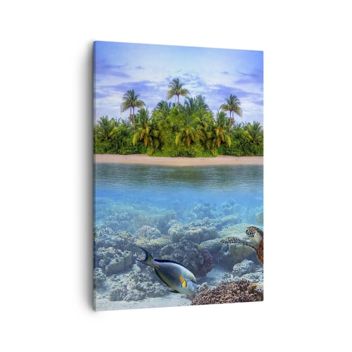 Impression sur toile - Image sur toile - Une île tropicale entourée d'un océan turquoise avec un récif de corail et des poissons. - 50x70cm - L'île céleste vous invite - Décoration murale moderne pour le salon et la chambre ARTTOR